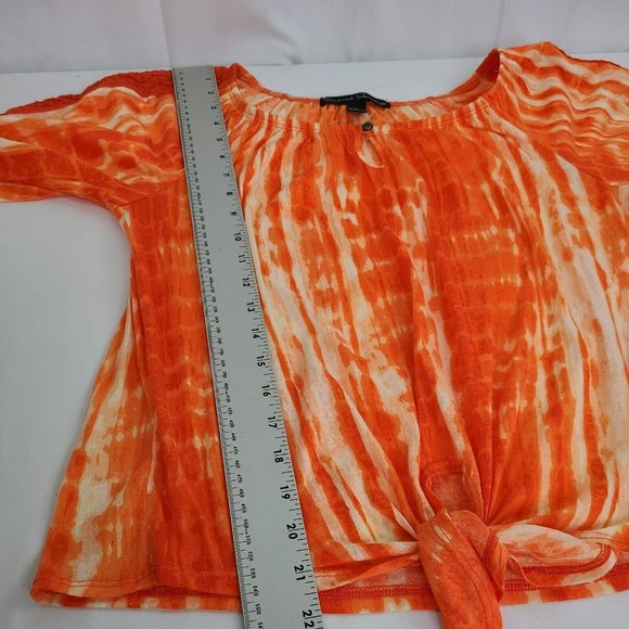 French Laundry Blouse Orange Tie Dye Front Tie Lace Accent Top 3/4 Sleeves Sz SM - Picture 7 of 9